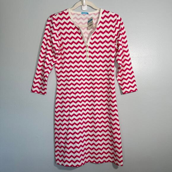 J. McLaughlin Catalina Cloth Lynn Henley Sheath Dress XS Chevron Pink White - Picture 1 of 7